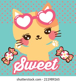 Cute cat cartoon and candy on polka dots background