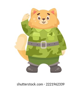 Cute cat cartoon character in camouflage cartoon illustration. Serious animal soldier in military uniform saluting officer. Army, zoo, warrior concept