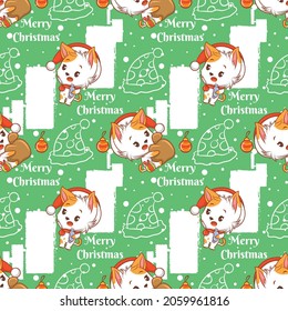 cute cat cartoon character Christmas seamless pattern