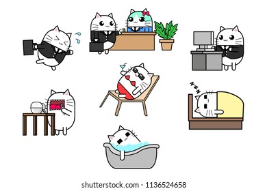 Cute cat cartoon character design set running, meeting, working, eating, bath in bathtub, sleep on bed and relax.