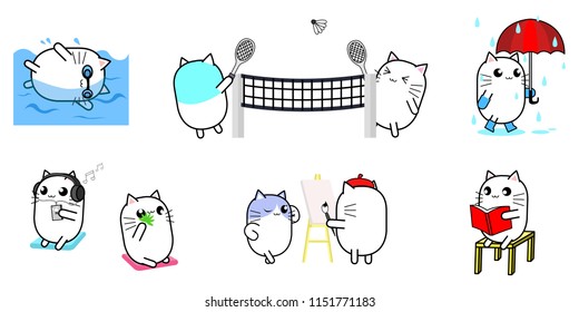 Cute cat cartoon character design activity set swiming, walking in the rain, play badminton, listen music, drawing, and reading.