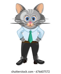Cute Cat cartoon character dressed in business suite hipster with red tie, illustration for conference leader, workshops, t-shirt print, greeting card, invitation for pet party. Vector illustration