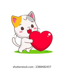 Cute Cat cartoon character holding love heart. Chibi Adorable animal concept design. Isolated white background. Vector art illustration.