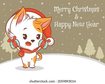 cute cat cartoon character with merry christmas and happy new year greeting banner.