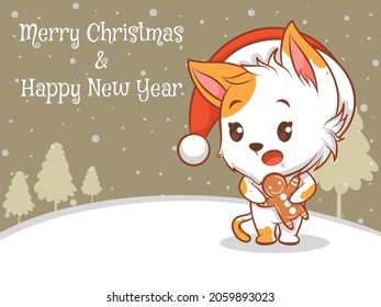 cute cat cartoon character with merry christmas and happy new year greeting banner.