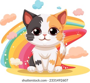 Cute cat cartoon character with rainbow isolated illustration