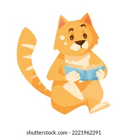 Personaje de dibujos animados tipo Cute cat leyendo ilustración vectorial. Dibujo de un libro de historietas con animales aislados en fondo blanco. Biblioteca, concepto de vida silvestre