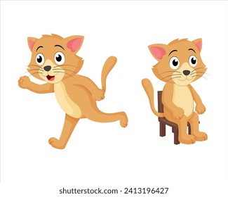 Cute Cat Cartoon Zeichensatz. Cat Running and Sitting on Chair Vektorgrafik