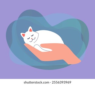 Cute cat cartoon character sleeping on huge hand. Person holding adorable pet flat vector illustration. Animal care, love, protection concept for banner, website design or landing web page