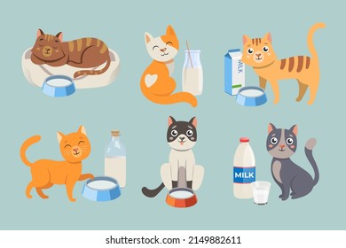 Cute cat cartoon characters with milk vector illustrations set. Comic domestic animals drinking milk or water from bowls, bottles and cartons of milk isolated on blue background. Pets, food concept