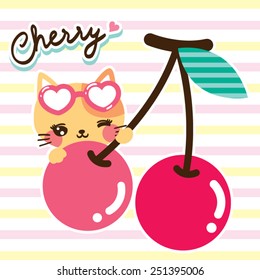 Cute Cat Cartoon And Cherry On Striped Background