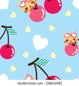 Cute cat cartoon and cherry seamless pattern