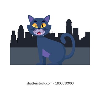 Cute cat cartoon at city design, Animal pet kitten domestic feline kitty mammal beautiful and portrait theme Vector illustration