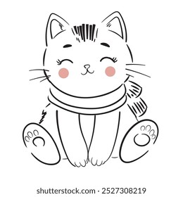 Cute cat cartoon with closed eyes. Black and white lines. Coloring page for kids. Activity Book. Hand drawn line sketch