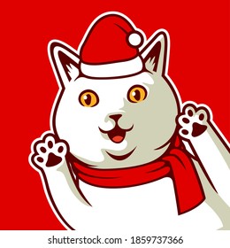 Cute Cat Cartoon Curious Peeking Kitten Say Hi With Red Christmas Hat And Scarf, For Card Or Poster. New Year's and Christmas 