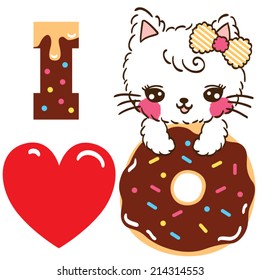 Cute Cat cartoon with donut on white background