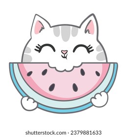 Cute Cat Cartoon Drawing with Fruit Watermelon Summer Banner Background. Vector, illustration.