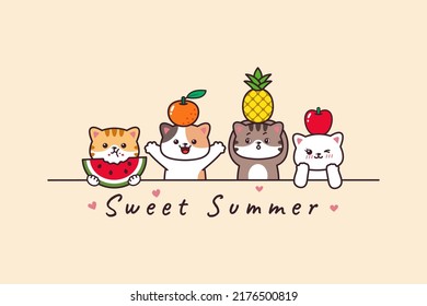 Dibujo de dibujos animados de gatos con naranja, piña, manzana, frutas de sandía fondo de la pancarta de verano