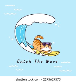 Cute Cat Cartoon Drawing Surfing with Waves in Summer