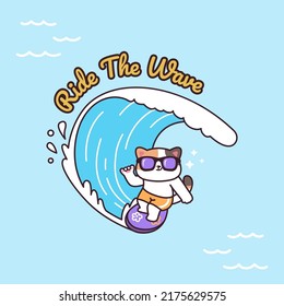 Cute Cat Cartoon Drawing Surfing with Waves in Summer