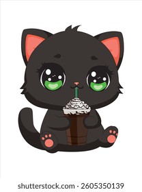 Cute Cat Cartoon Drinking Smoothie Holding By Hands Kitty Mascot
