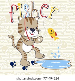 cute cat cartoon fishing on fish bone background pattern