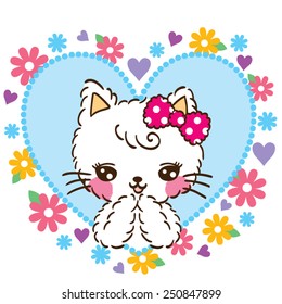 Cute Cat cartoon and flower on white background