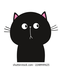 Cute cat. Cute cartoon funny character. Kawaii kitten baby animal. Love Greeting card. Black silhouette sticker. Pink ears. Flat design. Happy Valentines Day. White background. Vector illustration