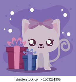 Cute cat cartoon with gifts design, Animal zoo life nature character childhood and adorable theme Vector illustration