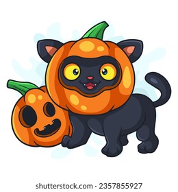 Cute cat cartoon with halloween pumpkin