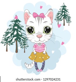 Cute CAT cartoon hand drawn vector illustration. Can be used for baby t-shirt printing, fashion print design, children wear, baby shower celebration greeting and invitation card.