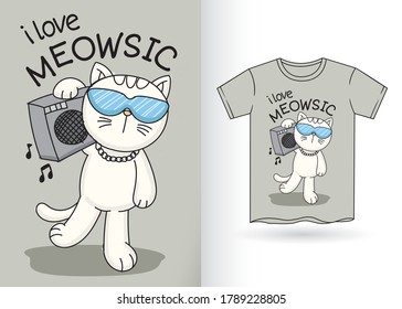 Cute cat cartoon hand drawn for t shirt