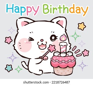 Cute Cat Cartoon, Happy Birthday, Baby White kitten, Doodle cartoon style.