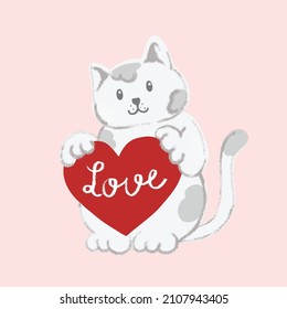 Cute cat cartoon with heart valentine love hand drawn vector illustration  