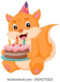 Cute Cat Cartoon Holding Birthday Cake Vector Illustration. Animal Nature Icon Concept Isolated Premium Vector