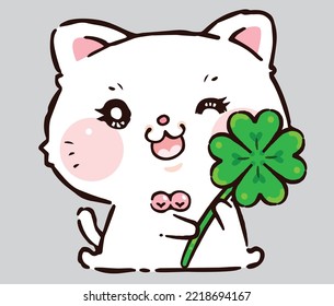 Cute Cat Cartoon, Cat Holding Lucky Four Leaf Clover, Baby White kitten, Lucky Cat, Doodle cartoon style.