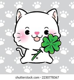 Cute Cat Cartoon, Cat Holding Lucky Four Leaf Clover, Lucky Animals, Doodle cartoon style.