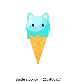 Cute cat cartoon  ice cream cone vector flat illustration.