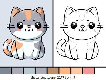 Cute cat cartoon illustration in coloring page style baby pet animal