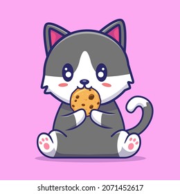 cute cat cartoon illustration eating cookie