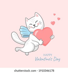 Cute cat cartoon illustration with heart in kawaii style.