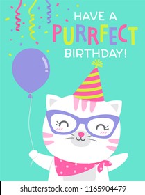 Cute cat cartoon illustration with text “Have a purrfect birthday” for birthday card design.