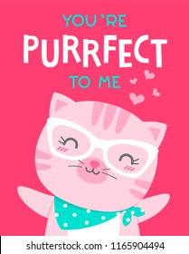 Cute cat cartoon illustration with text “You're purrfect to me” for valentine's card design.