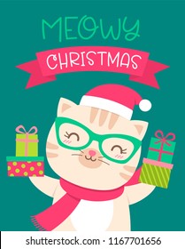 Cute cat cartoon illustration with text “Meowy christmas” for christmas and new year card design.