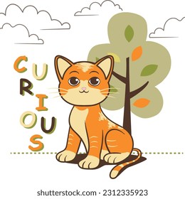 cute cat cartoon illustrations with text curious and nature background, stylish for other print, vector, illustration, cartoon