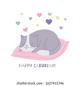 Cute cat, cartoon kitten dreaming on pillow vector illustration. Grey and white kitty with love hearts birthday card. Home pet animal cat isolated on white poster.