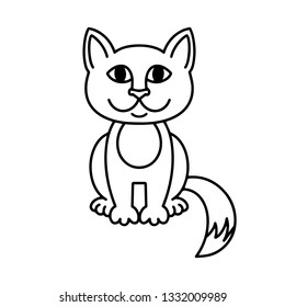 Cute cat, cartoon linear art, animal sketch. Vector illustration of little smile kitten, black outline style, isolated on white background Coloring book template for children