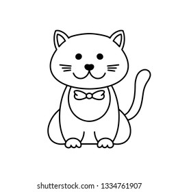 Cute cat, cartoon linear art, animal sketch. Vector illustration of little smile kitten, black outline style, isolated on white background Coloring book template for children