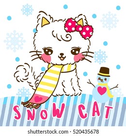 Cute Cat cartoon and little snowman on snow background