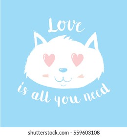 Cute cat cartoon in love, eyes hearts. All you need is love. St Valentines day greeting card. Love explanation. Illustration in brush strokes. Pastel colors.